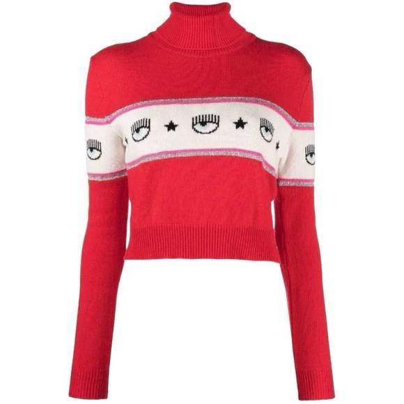 Chiara Ferragni Logomania Turtleneck Sweater Red Size Medium Cropped Wool Blend - Picture 1 of 7